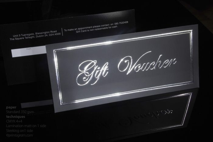 Voucher cmyk double-sided black and silver foil matt one-sided