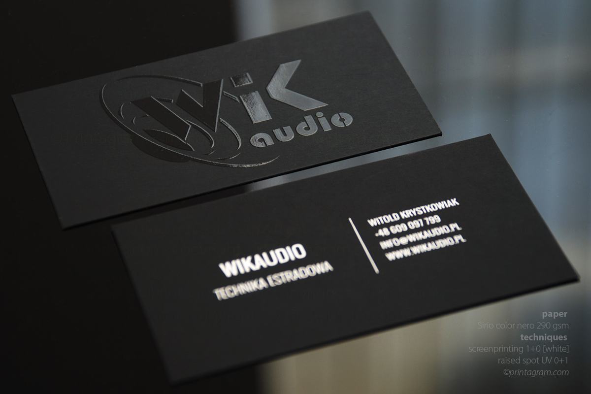 Black business cards with 3D UV varnish + silk screen printing