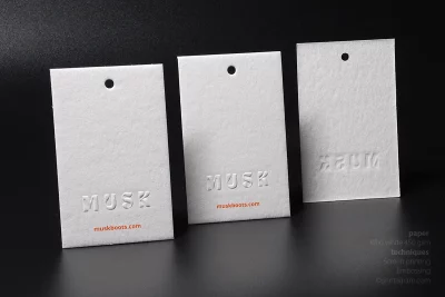 Hang tags, labels one colour silk screen printing + embossing